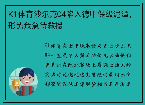 K1体育沙尔克04陷入德甲保级泥潭，形势危急待救援