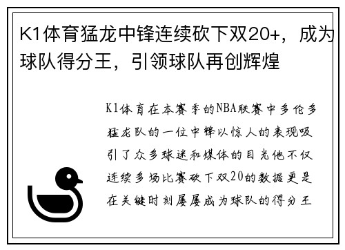 K1体育猛龙中锋连续砍下双20+，成为球队得分王，引领球队再创辉煌