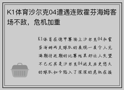 K1体育沙尔克04遭遇连败霍芬海姆客场不敌，危机加重
