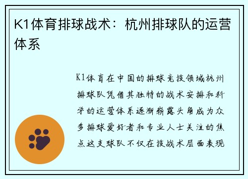 K1体育排球战术：杭州排球队的运营体系